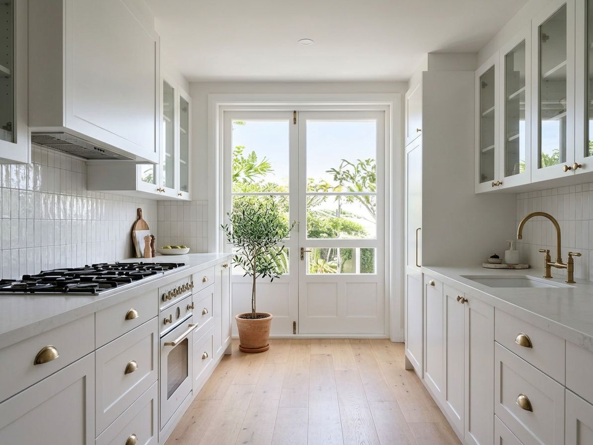Brighton kitchen after renovation: white shaker cabinetry with oak island and quartzite benchtop