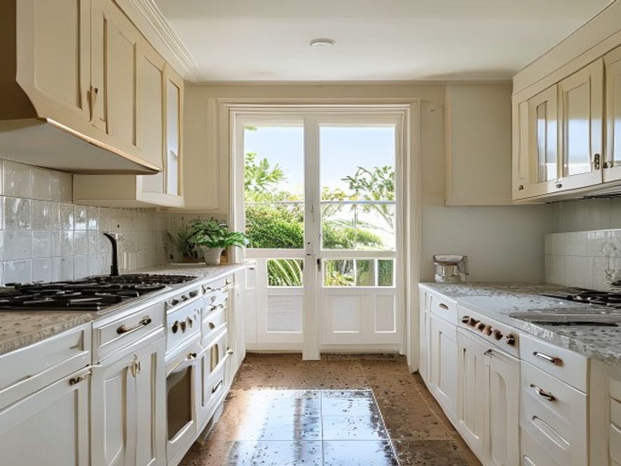 Brighton kitchen before renovation: 1980s white melamine and laminate