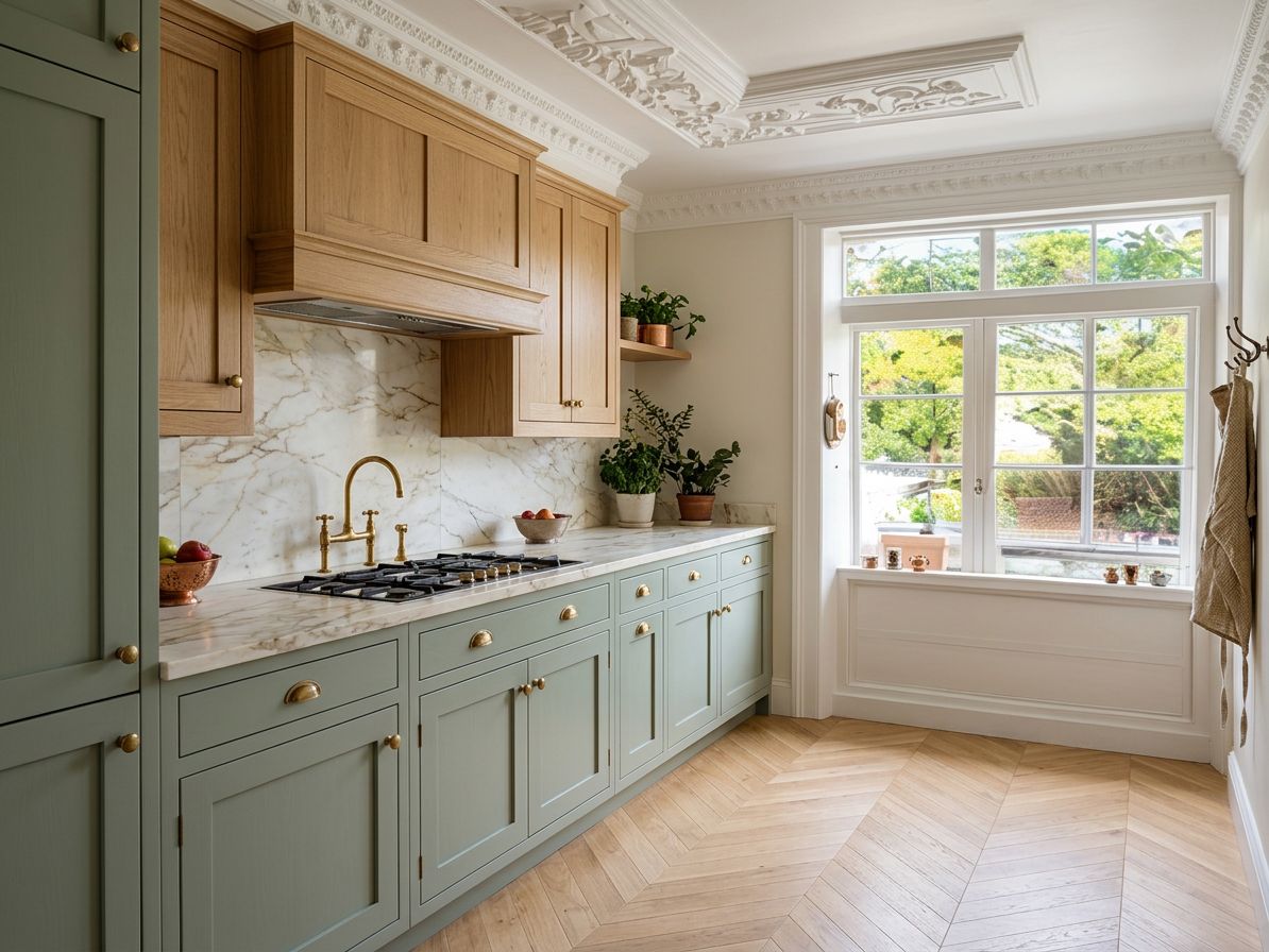 Camberwell kitchen after renovation: sage green and oak two-tone shaker cabinetry