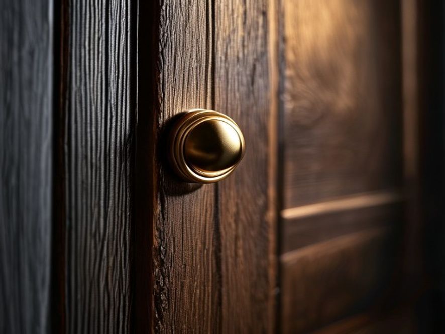 Brushed brass pull on fluted smoked oak door