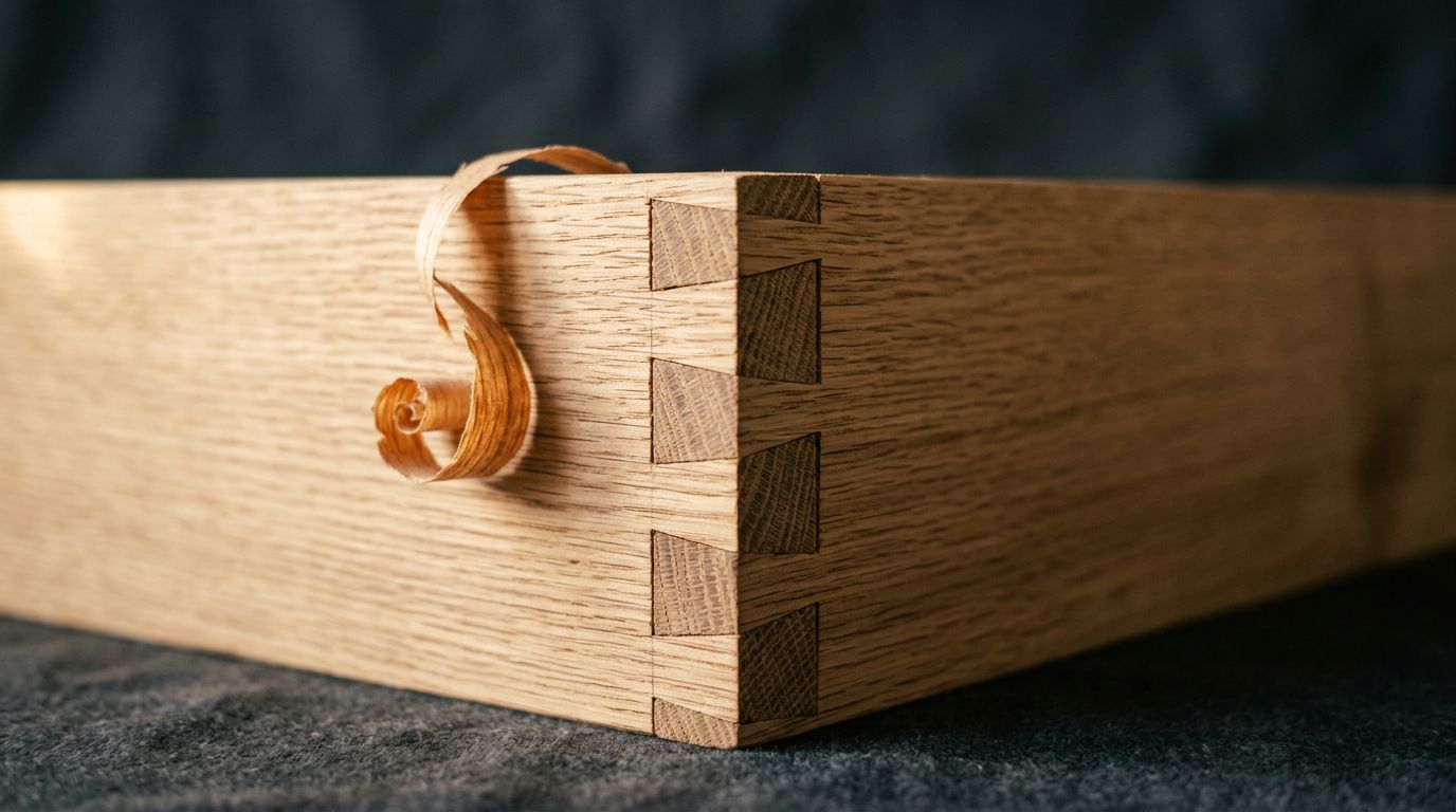 Hand-cut dovetail joint in solid oak