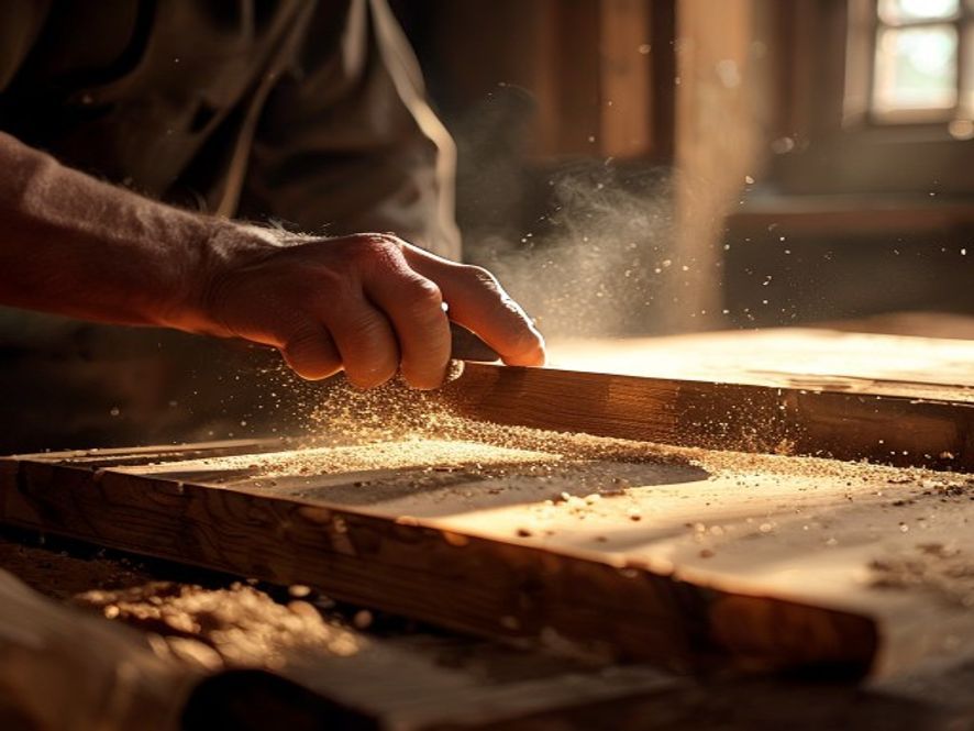 Hand plane finishing an oak board in the workshop