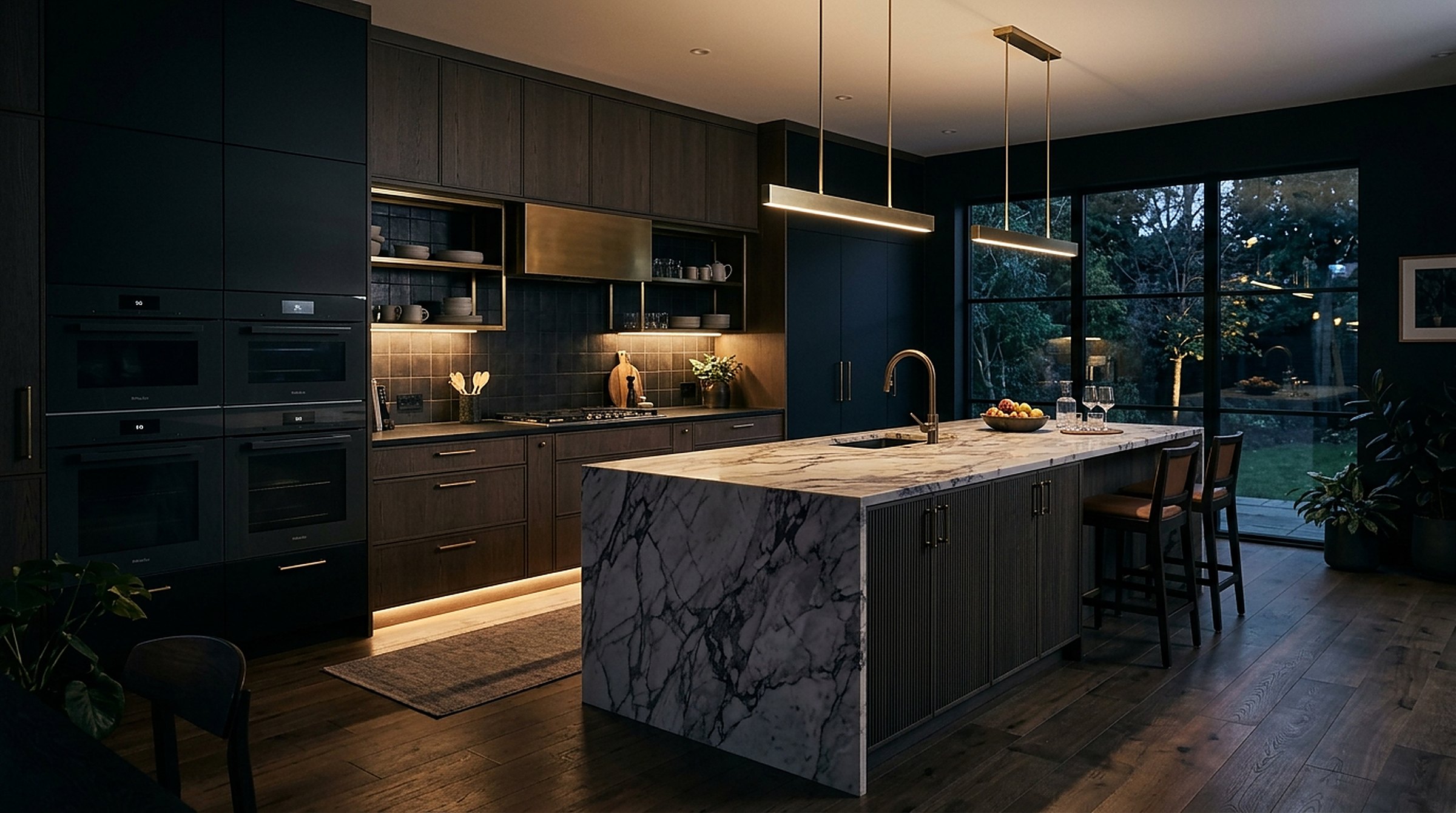 Custom dark timber kitchen with marble island and brass pendant lighting, built by Melbourne Cabinet Makers