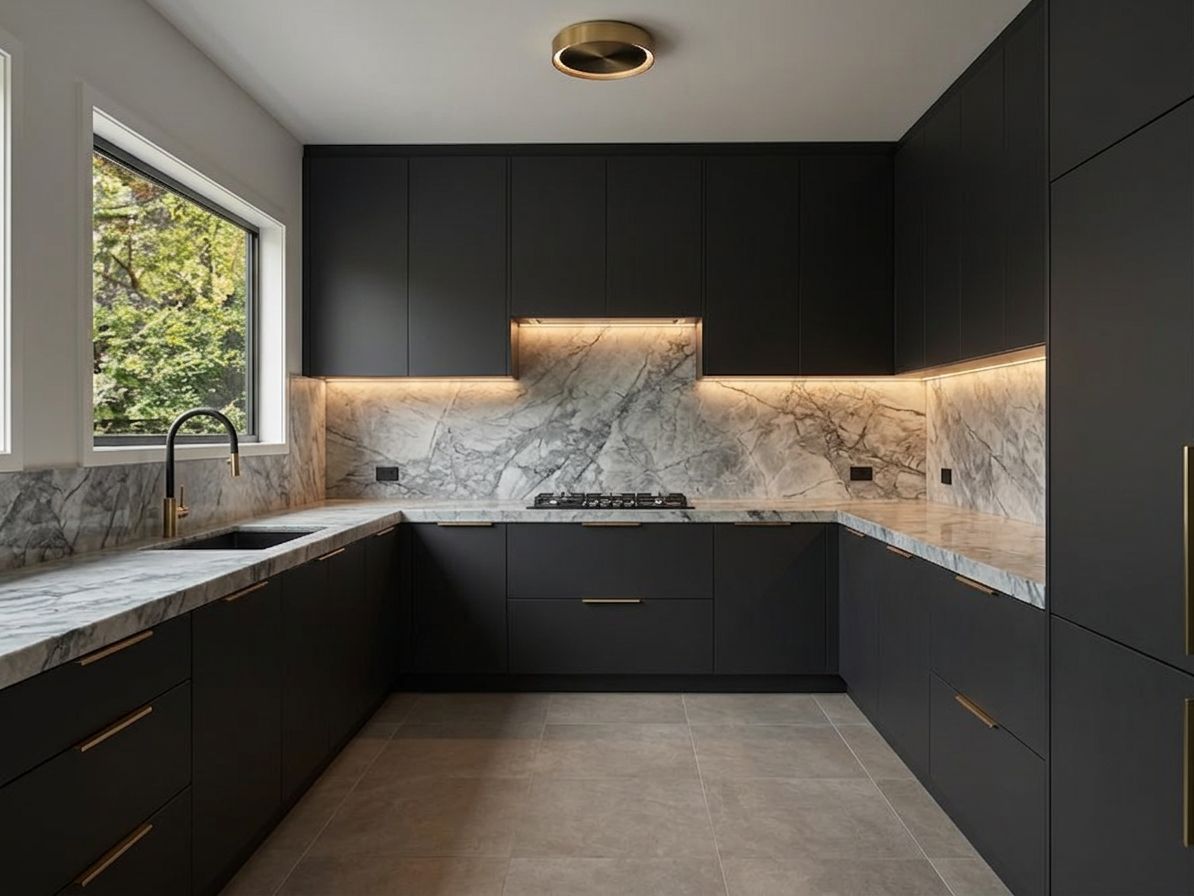 Kew kitchen after renovation: charcoal cabinetry with veined marble and brass pulls
