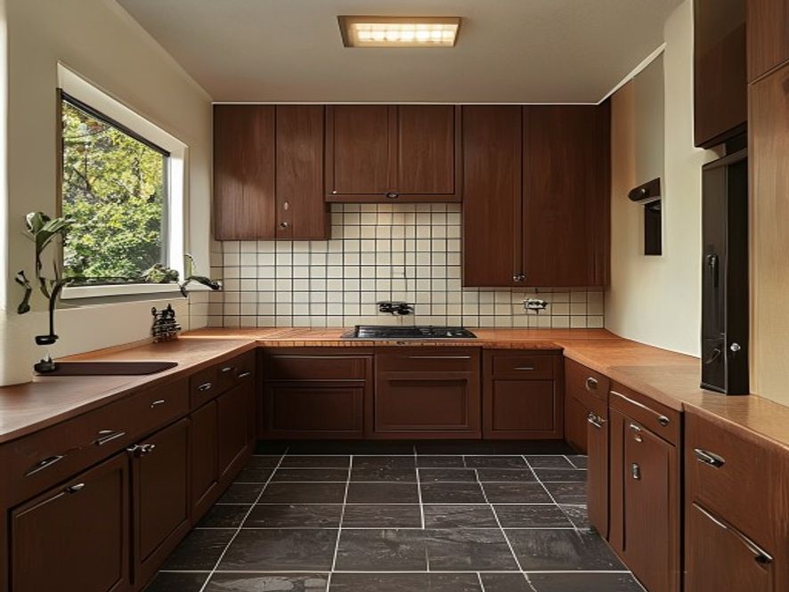 Kew kitchen before renovation: 1970s brown veneer and orange laminate
