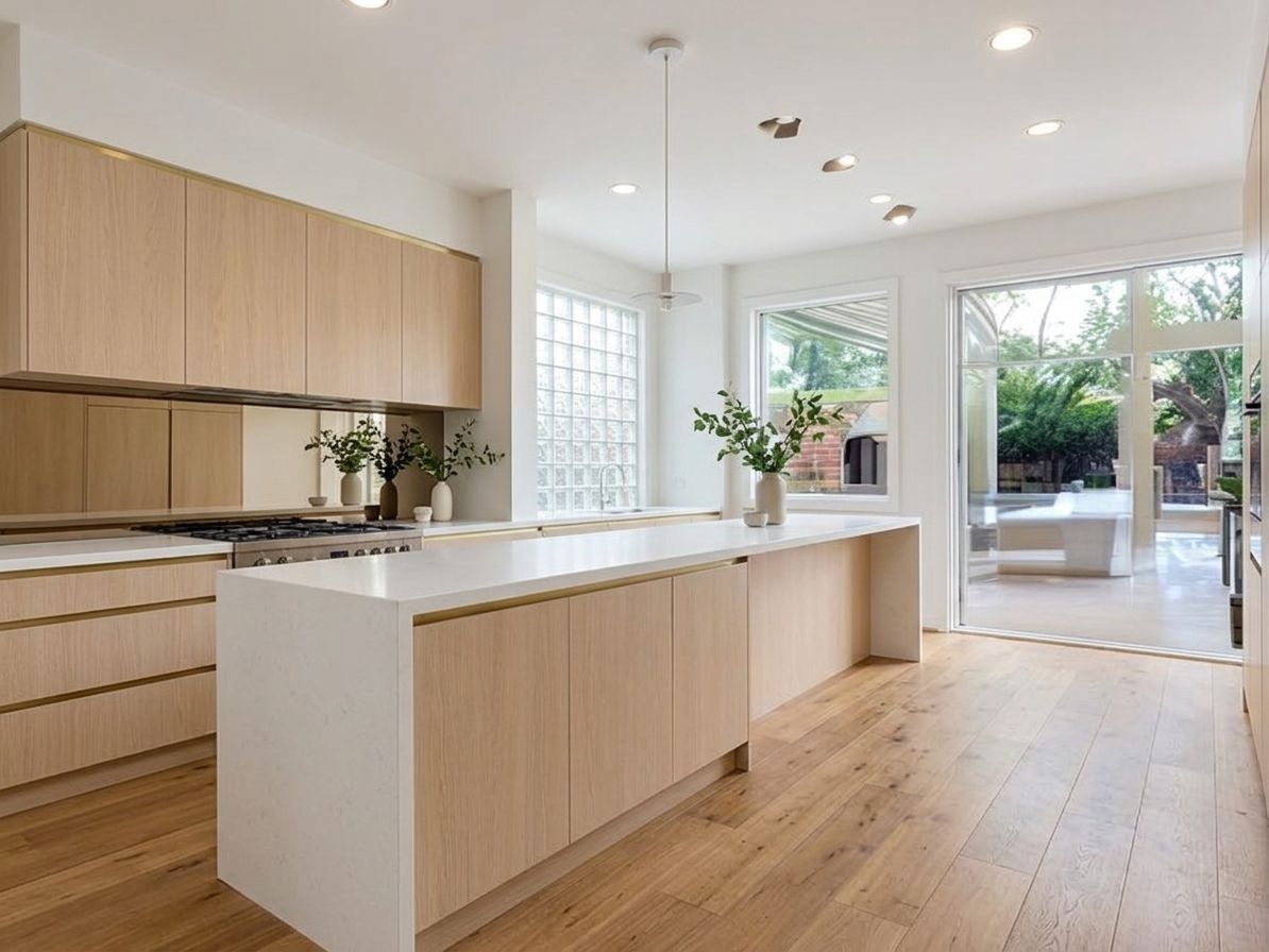 Malvern East kitchen after renovation: handle-free oak cabinetry with stone waterfall bench