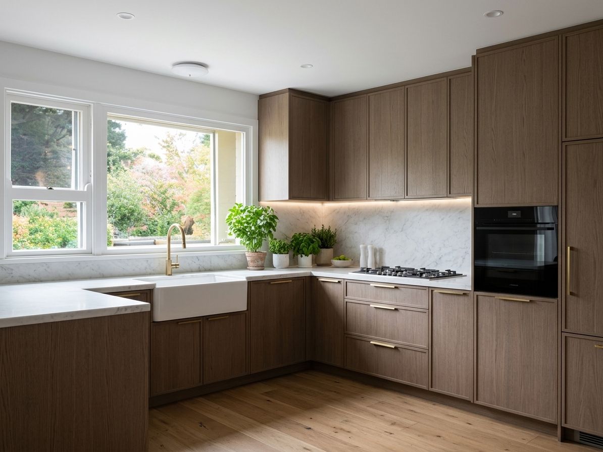 Toorak kitchen after renovation: smoked oak cabinetry, marble benchtop, brass tapware